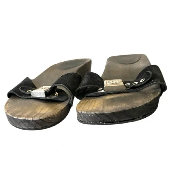 CHANEL Interlocking CC Logo Suede Slide Wood Clog Mule sandals 38 Black - Picture 6 of 8